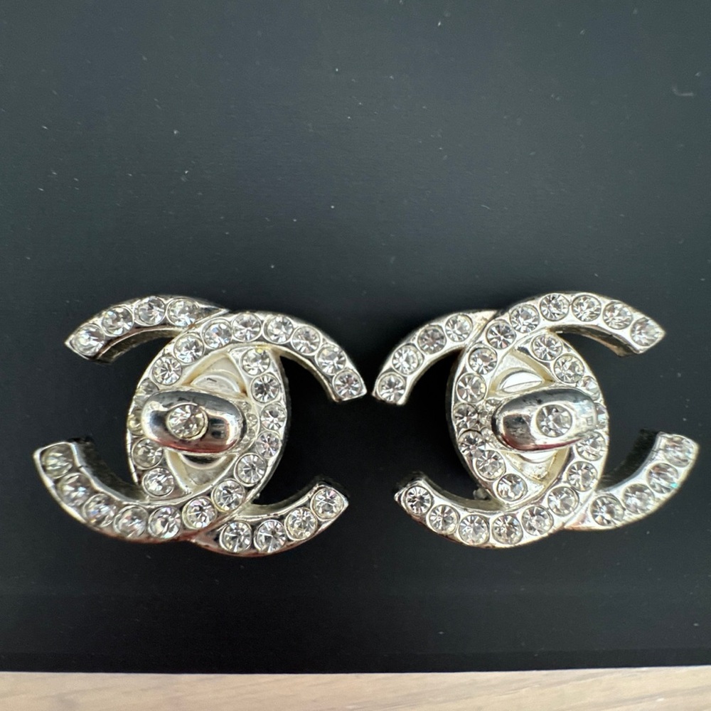 Large Vintage Chanel Crystal Double C Logo Clip-On Earrings - Silver tone